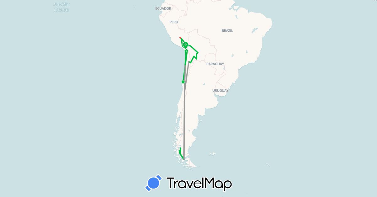 TravelMap itinerary: bus, plane, hiking in Argentina, Bolivia, Chile, Peru (South America)